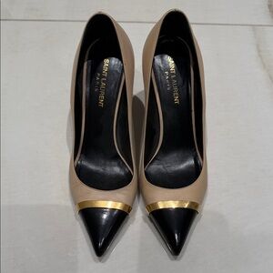 Saint Laurent Beige and Gold Cap-Toe Heels